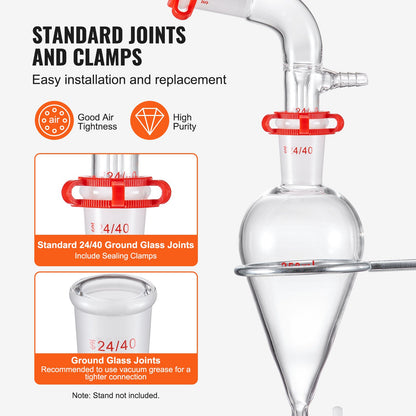 Labdestillationssats, 3,3 Boro labglasdestillationssats med 24, 40 leder, 1000 ml eterisk oljedestillationsapparat, 29 delar glasutrustning