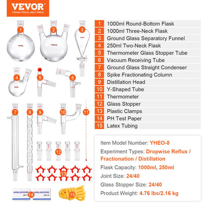Labdestillationssats, 3,3 Boro labglasdestillationssats med 24, 40 leder, 1000 ml eterisk oljedestillationsapparat, 29 delar glasutrustning
