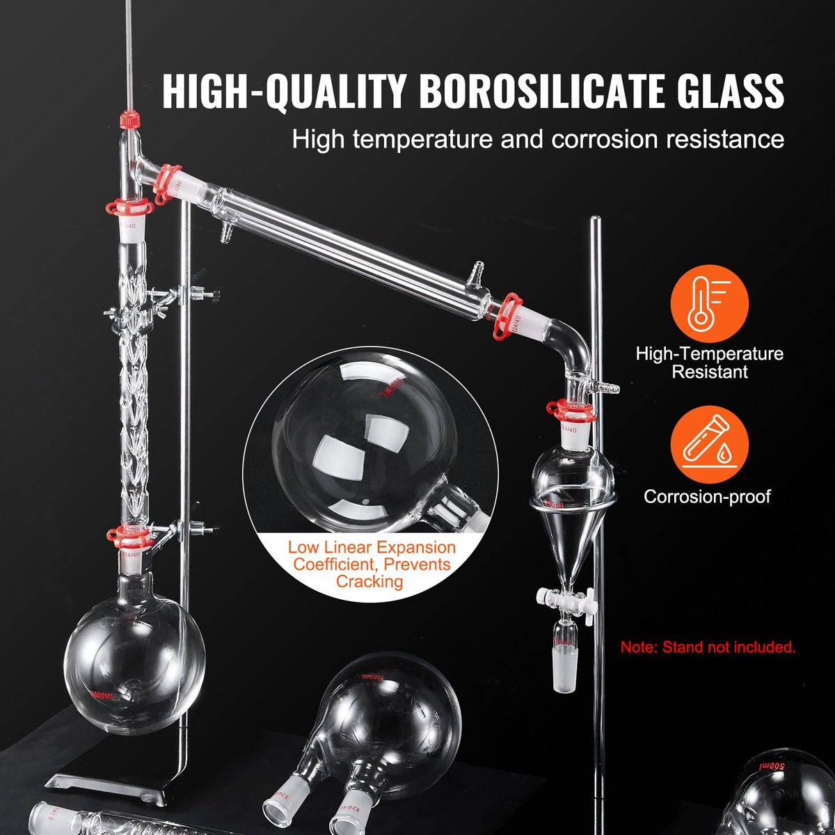 Labdestillationssats, 3,3 Boro labglasdestillationssats med 24, 40 leder, 1000 ml eterisk oljedestillationsapparat, 32-delad uppsättning glasutrustning