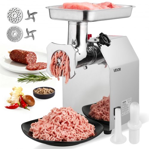 Kommersiell elektrisk köttkvarn, 4,2 kg/min kapacitet, #22 industriell köttkvarn med 2 rostfria blad, 2 malplattor, 1100W kraftig korvmaskin, för kök, restaurang