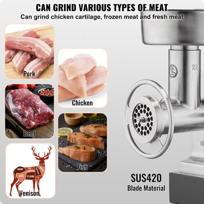 Köttkvarn, elektriska köttkvarnar med kapacitet på 14 lbs/min med blad, malplatta, korvmaskin, kommersiell köttkvarn i rostfritt stål för kök, restaurang, slaktare