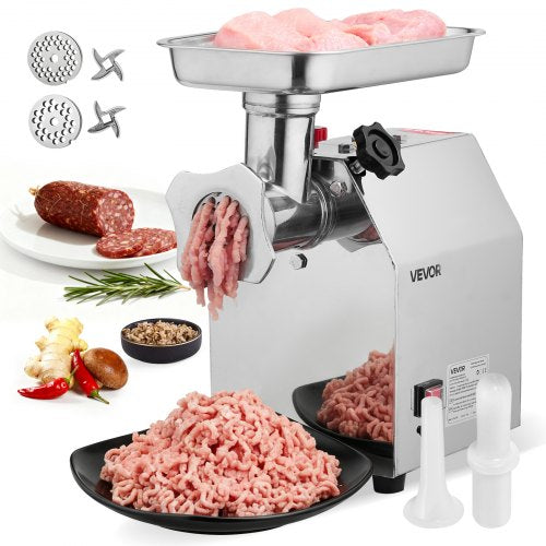 Kommersiell elektrisk köttkvarn, 3,2 kg/min kapacitet, #12 industriell köttkvarn med 2 rostfria blad, 2 malplattor, 850W kraftig korvmaskin, för kök, restaurang