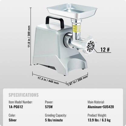 Elektrisk köttkvarn, 5 lb/min kapacitet, 575W (800W MAX) Industriell köttkvarn med blad, malplatta, korvfyllningsblad och 3 rör, kommersiell köttkvarn i aluminium