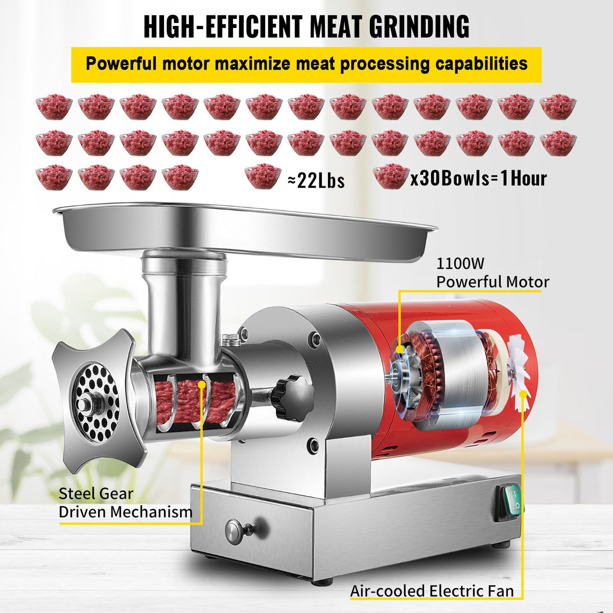 Elektrisk köttkvarn, 661 lbs/timme 1100 W köttkvarn, 1,5 hk elektrisk köttkvarn med 2 malplattor, korvsats köttkvarn kraftig, hemmakök och kommersiellt bruk