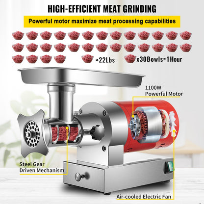 Elektrisk köttkvarn, 661 lbs/timme 1100 W köttkvarn, 1,5 hk elektrisk köttkvarn med 2 malplattor, korvsats köttkvarn kraftig, hemmakök och kommersiellt bruk