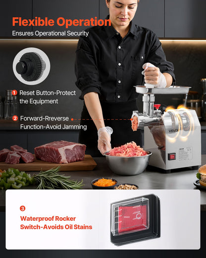 Kommersiell elektrisk köttkvarn, 2,3 kg/min kapacitet, industriell köttkvarn #8 med 2 rostfria blad, 2 malplattor, 600W kraftig korvmaskin, för kök, restaurang