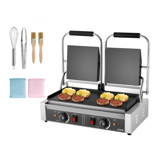 Kommersiell paninigrill, 3600W elektrisk smörgåspaninimaskin, dubbel smörgåspress i rostfritt stål, paninigrill med temperaturkontroll, 48x23cm helplatt emaljplatta, för hamburgare, biff och bacon