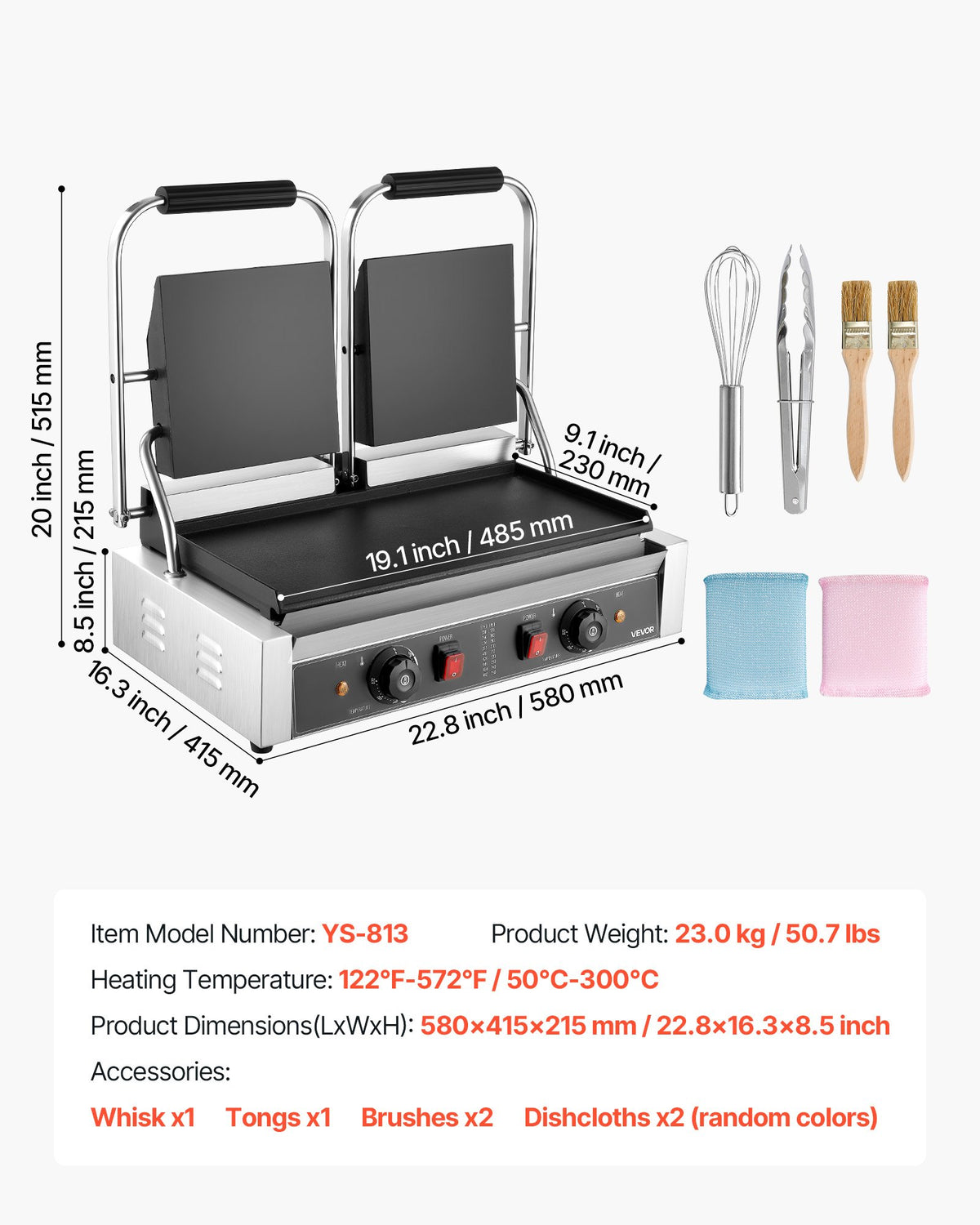 Kommersiell paninigrill, 3600W elektrisk smörgåspaninimaskin, dubbel smörgåspress i rostfritt stål, paninigrill med temperaturkontroll, 48x23cm helplatt emaljplatta, för hamburgare, biff och bacon