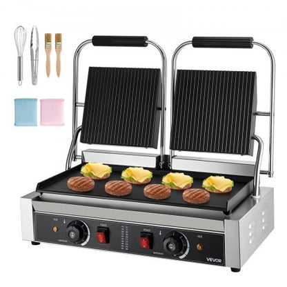 Kommersiell paninigrill, 3600W elektrisk smörgåspaninimaskin, dubbel smörgåspressgrill i rostfritt stål, paninigrill med temperaturkontroll, 48x23cm platt emaljplatta för hamburgare, biff och bacon