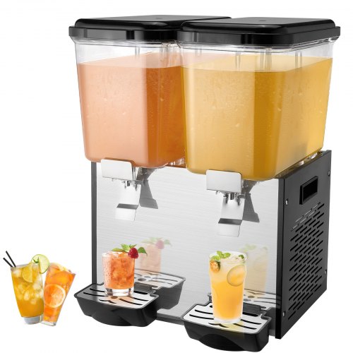 Kommersiell dryckesdispenser, 2 tankar 18 l juicedispenser per tank, 370 W istemaskin i rostfritt stål med kyltemperatur på 45°F-54°F, för kalla drycker, restaurangbarfester