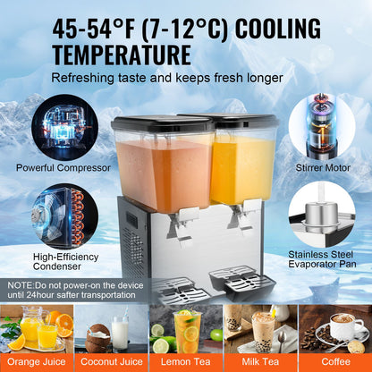Kommersiell dryckesdispenser, 2 tankar 18 l juicedispenser per tank, 370 W istemaskin i rostfritt stål med kyltemperatur på 45°F-54°F, för kalla drycker, restaurangbarfester