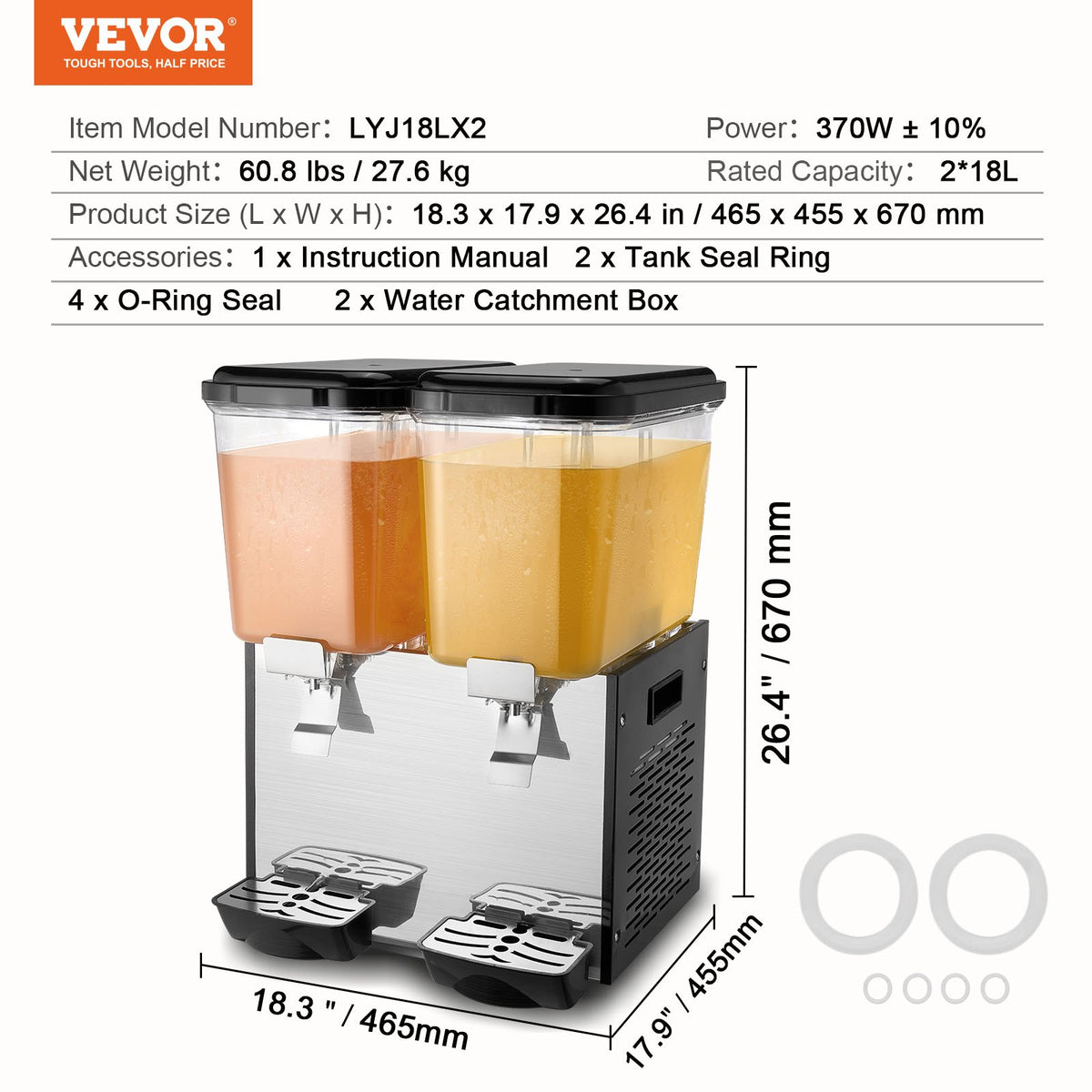 Kommersiell dryckesdispenser, 2 tankar 18 l juicedispenser per tank, 370 W istemaskin i rostfritt stål med kyltemperatur på 45°F-54°F, för kalla drycker, restaurangbarfester