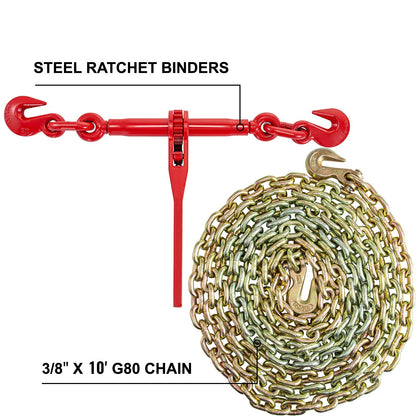 Kedje- och bindemedelssats 3/8in-1/2in, spärrlastbindare 9215lbs arbetsstyrka, spärrbindare och kedjor, 3/8in x 10ft kedjor med G70-krokar, för lastbil, surrning, transport, bogsering