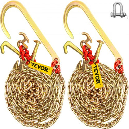 J Hook Chain, 5/16 in x 10 ft Bridle Tow Chain, G80 Bridle Transport Chain, Alloy Steel Chain with 2 G70 J Hooks, 9260 Lbs Break Strength Tow Hooks for Trucks, J Hooks Towing Straps 2PCS