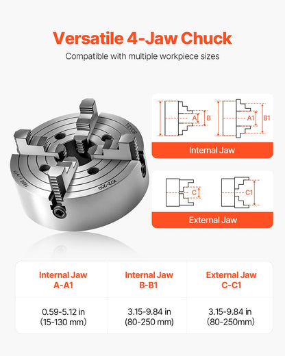4-käfts svarvchuck, 250 mm (10 tum), svarvchuck, 15–250 mm (0,6–9,84 tum) spännområde med T-nyckelfästskruvar, vändbara käftar, HT300 gjutjärnsmaterial, invändig utvändig för trä- och metallsvarv