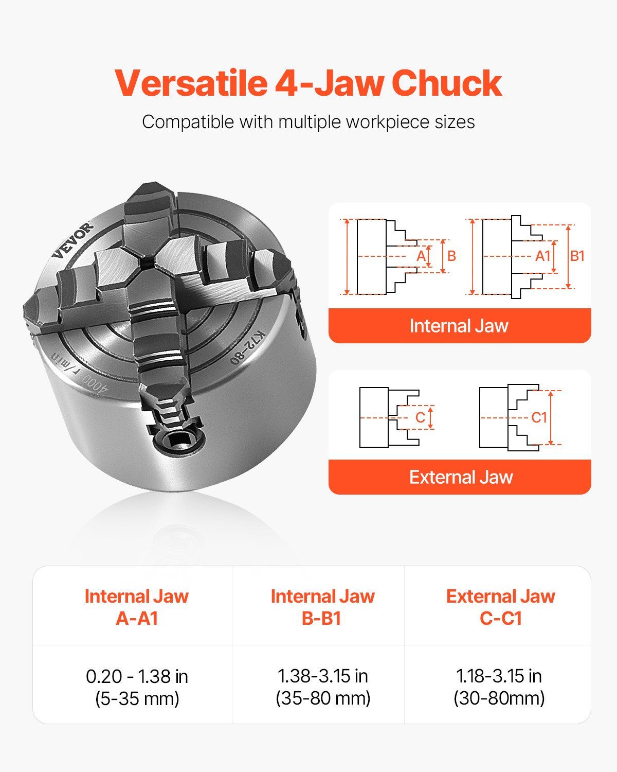 4-käftschuck, 80 mm (3 tum), 4-käftschuck, 5-80 mm (0,1-3,15 tum) spännområde med T-nyckelfästskruvar, vändbara käftar, HT300-material, invändig utvändig för trä- och metallsvarv