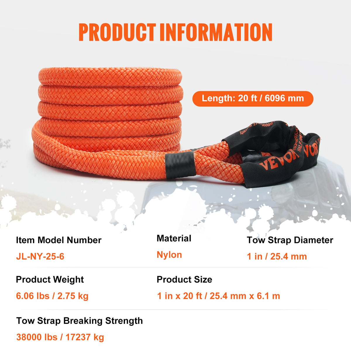 1" (2,54 cm) x 20'/6,1 m kinetisk bärgningslina 38 000 lbs/17 237,5 kg, kraftig terrängrem, extremt slitstark 30 % elastisk energirem för jeep bil lastbil ATV UTV SUV traktor