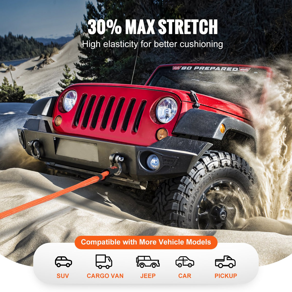 1" (2,54 cm) x 30'/9,1 m kinetisk bärgningslina 38 000 lbs/17 237,5 kg, kraftig terrängrem, extremt slitstark 30 % elastisk energirem för jeep bil lastbil ATV UTV SUV traktor
