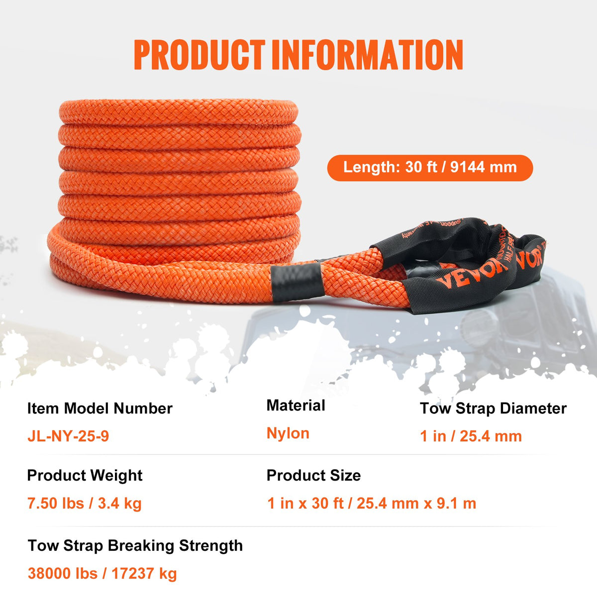 1" (2,54 cm) x 30'/9,1 m kinetisk bärgningslina 38 000 lbs/17 237,5 kg, kraftig terrängrem, extremt slitstark 30 % elastisk energirem för jeep bil lastbil ATV UTV SUV traktor