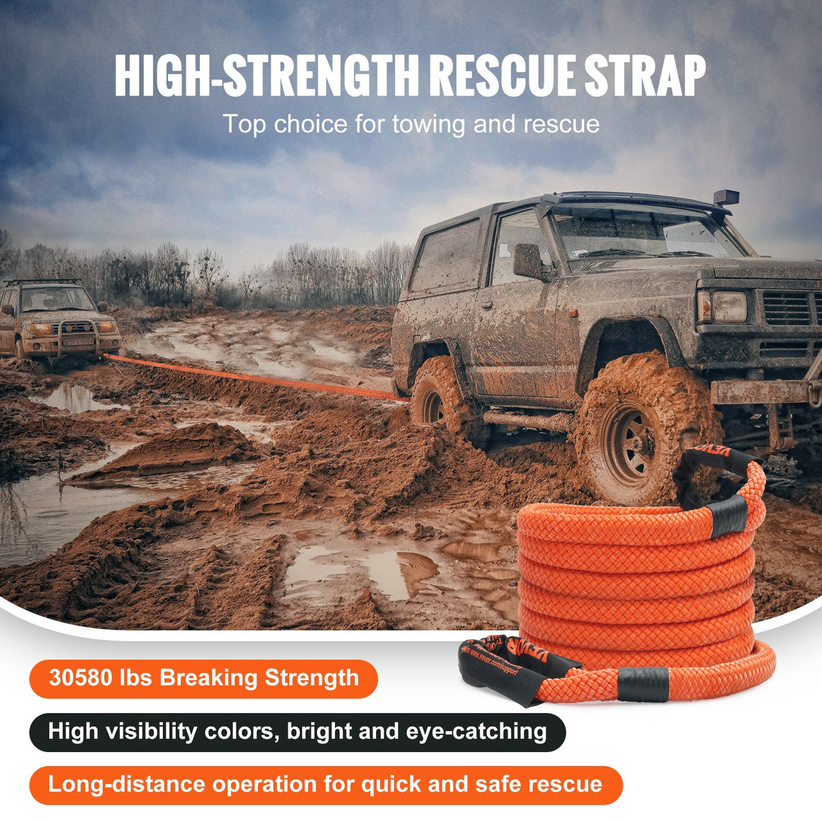 7/8" (2,2 cm) x 20'/6,1 m kinetisk bärgningslina 30 580 lbs/13 876,4 kg, kraftig terrängrem, extremt slitstark 30 % elastisk energirem för jeep bil lastbil ATV UTV SUV traktor