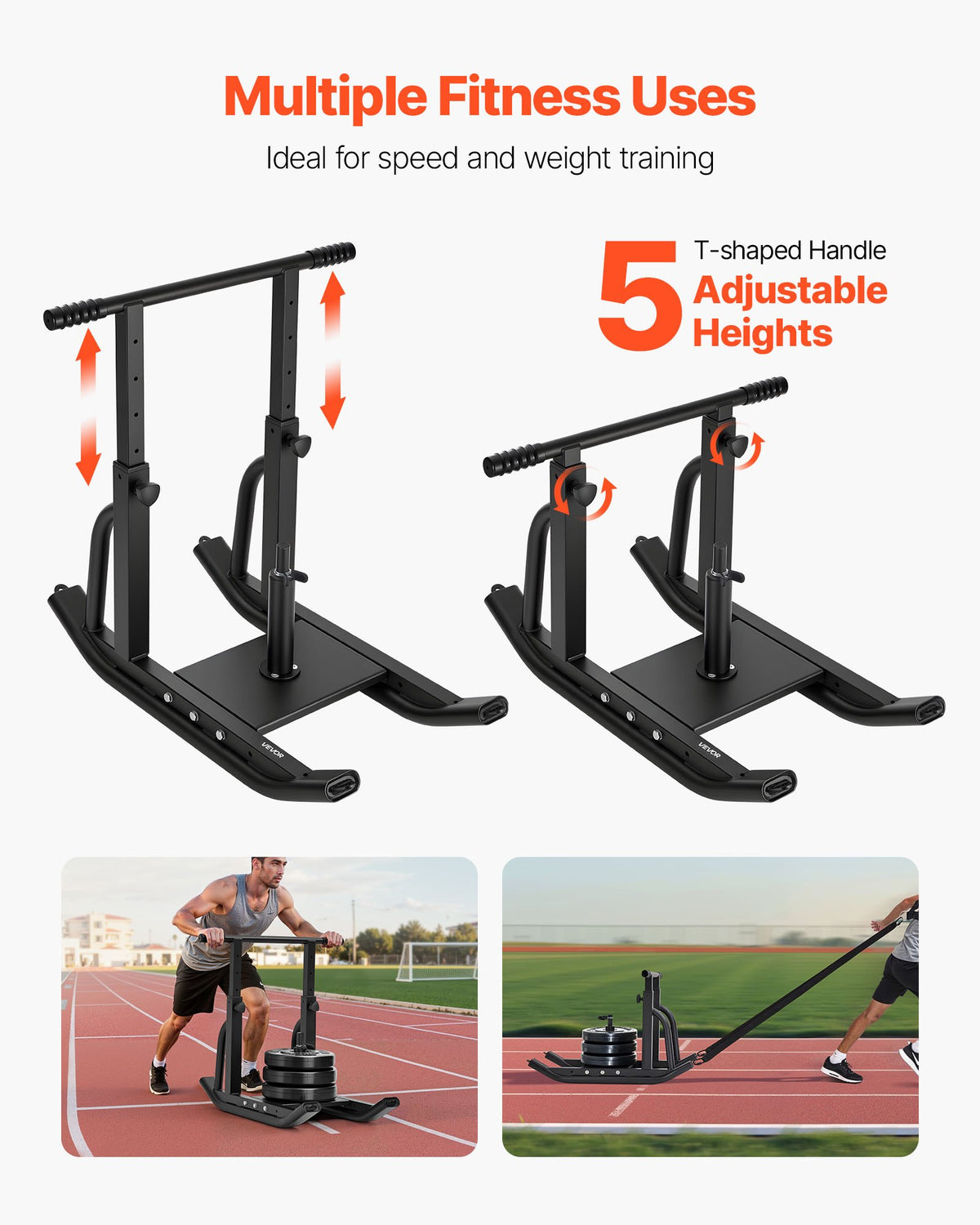 Weight Sled, Steel Power Sled, Fitness Training Sleds for Athletic Exercise Speed Improvement, Workout Equipment with Adjustable Height Handle, Compatible with 25/51 mm Weight Plates, Black