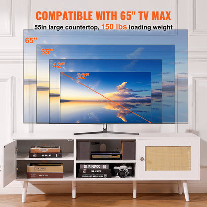 Rotting-TV-stativ för 65-tums TV, Boho TV-stativ med rottingdörr, Nöjescenter med inbyggt uttag och USB-portar, Modern TV-konsol för vardagsrum, mediarum, Vit