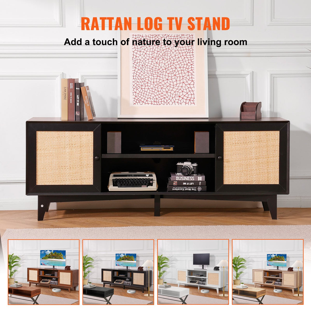 Rattan TV Stand for 75in TV, Boho TV Stand with Rattan Door, Entertainment Center with Build-in Socket, Storage Cabinet with 2 Shelves, Modern TV Console for Living Room, Media Room, Black
