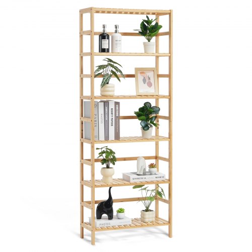 6-våningars bambuhylla, öppen träbokhylla, förvaringsställ, fristående blom- och växtställ, multifunktionell bambubokhylla, perfekt för badrum, sovrum, kontor, arbetsrum, naturlig