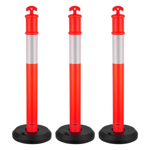 3 Pack Traffic Delineator Posts, 1140 mm Traffic Safety Cones with Fillable Base and Reflective Strips, Heavy Duty Delineator Posts for Construction Site, Parking Lot, Crowd Control, Red