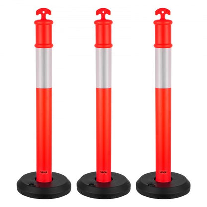 3 Pack Traffic Delineator Posts, 1140 mm Traffic Safety Cones with Fillable Base and Reflective Strips, Heavy Duty Delineator Posts for Construction Site, Parking Lot, Crowd Control, Red