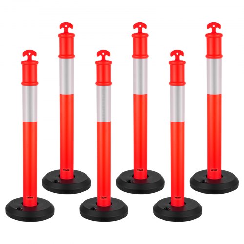 6-pack trafikavgränsningsstolpar, 1140 mm trafiksäkerhetskoner med fyllbar bas och reflexremsor, kraftiga avgränsningsstolpar för byggarbetsplatser, parkeringsplatser, trängselkontroll, röda