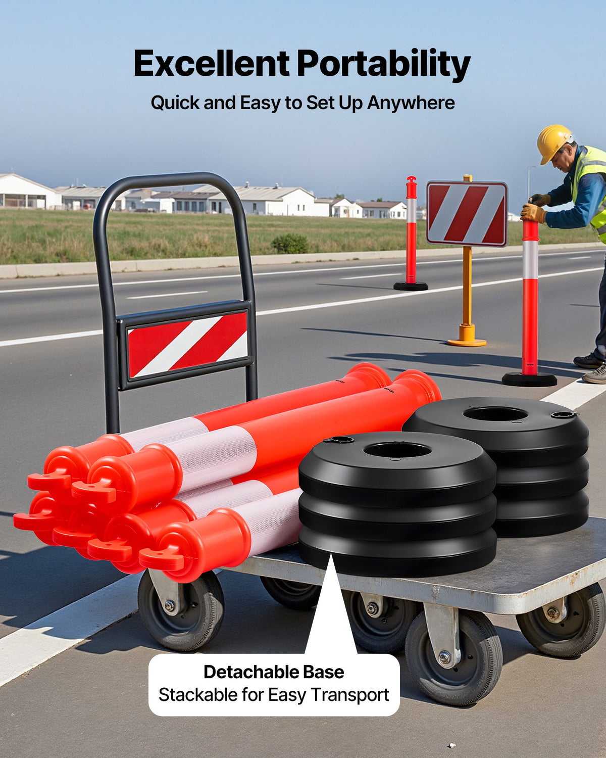 6 Pack Traffic Delineator Posts, 1140 mm Traffic Safety Cones with Fillable Base and Reflective Strips, Heavy Duty Delineator Posts for Construction Site, Parking Lot, Crowd Control, Red