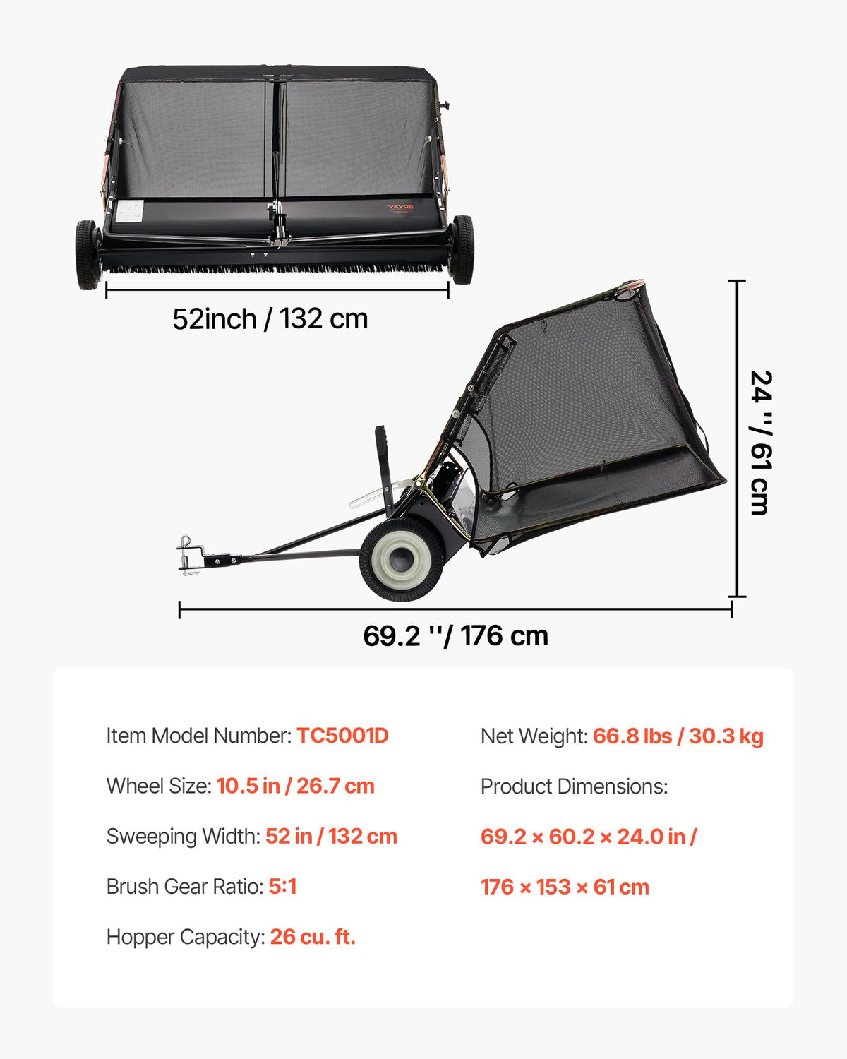 26.7 cm Tow Behind Lawn Sweeper, 26 cu.ft. Large Yard Sweeper, Adjustable Sweeping Height, Heavy Duty Leaf & Grass Collector with Dumping Rope, Pull Behind Sweepers for Debris Grass Clippings