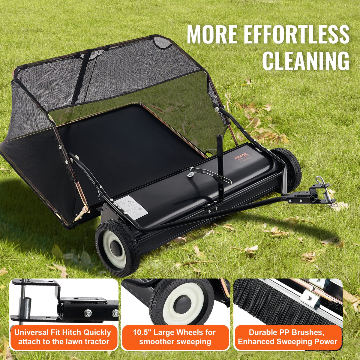102 cm sopmaskin för dragning, 3,6 m² stor grässopmaskin för dragning, kraftig löv- och gräsuppsamlare med tipprepdesign, justerbar sophöjd för att plocka upp skräp och gräs