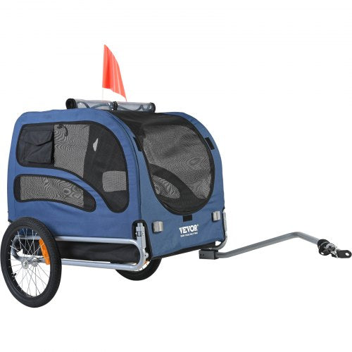 Hundcykelkärra, Stöder upp till 45 kg, Cykelhållare för husdjur, Lättfällbar ram med snabbkopplingshjul, Universal cykelfäste, Reflexer, Flagga, Hopfällbar för förvaring, Blå/Svart