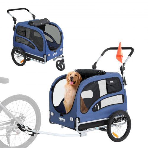 Cykelkärra för hund, stöder upp till 45 kg, 2-i-1 cykelhållare för husdjur, lätt hopfällbar vagnsram med snabbkopplingshjul, universal cykelfäste, reflexer, flagga, blå/svart