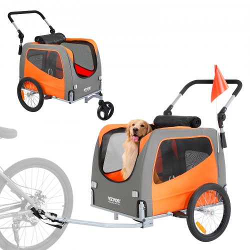 Cykelkärra för hund, stöder upp till 32 kg, 2-i-1 cykelhållare för husdjur, lätt hopfällbar vagnsram med snabbkopplingshjul, universal cykelfäste, reflexer, flagga, orange/grå