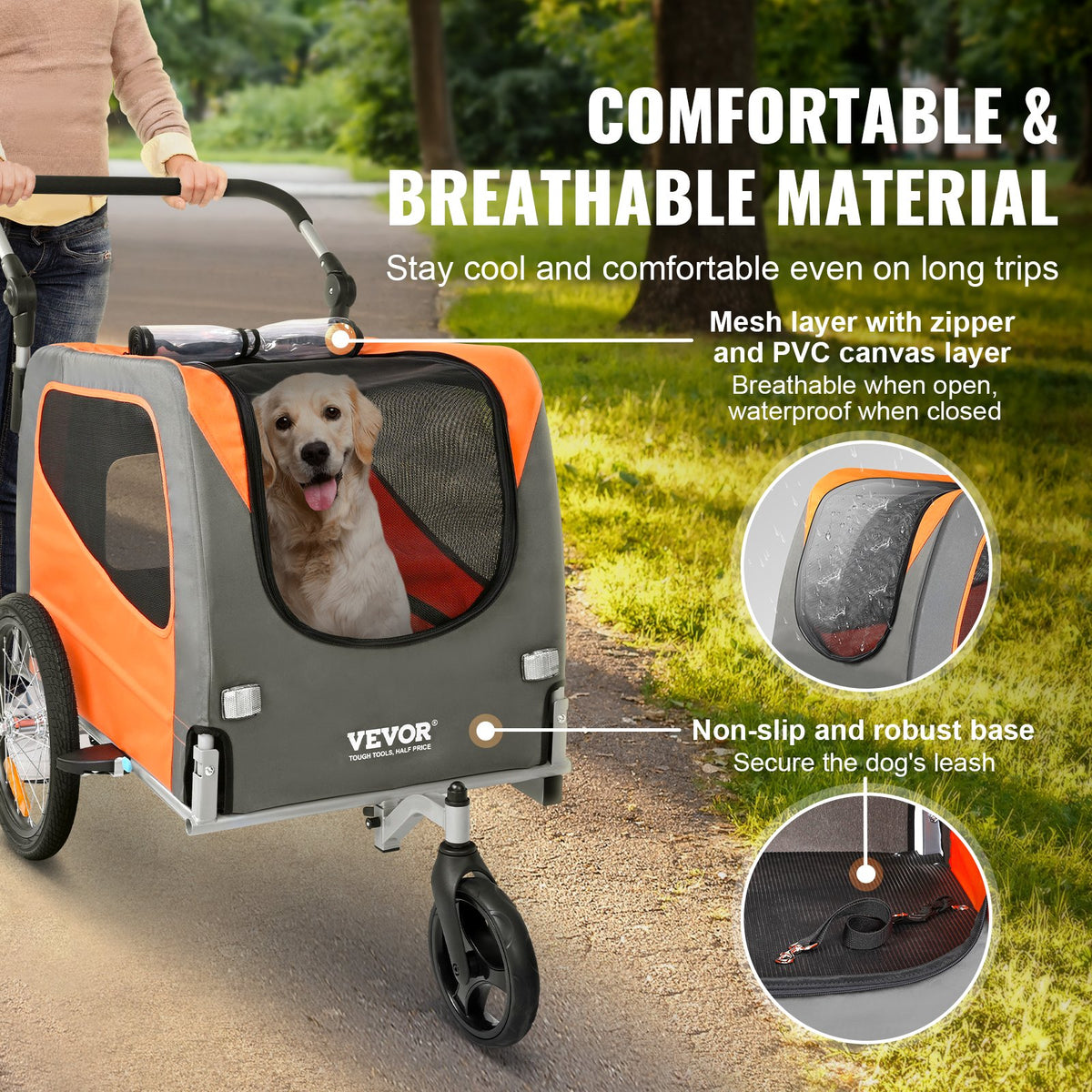 Cykelkärra för hund, stöder upp till 32 kg, 2-i-1 cykelhållare för husdjur, lätt hopfällbar vagnsram med snabbkopplingshjul, universal cykelfäste, reflexer, flagga, orange/grå