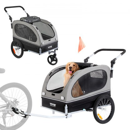 Cykelkärra för hund, stöder upp till 36 kg, 2-i-1 cykelhållare för husdjur, lätt hopfällbar vagnsram med snabbkopplingshjul, universal cykelfäste, reflexer, flagga, svart/grå