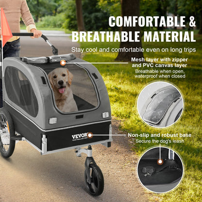 Cykelkärra för hund, stöder upp till 36 kg, 2-i-1 cykelhållare för husdjur, lätt hopfällbar vagnsram med snabbkopplingshjul, universal cykelfäste, reflexer, flagga, svart/grå