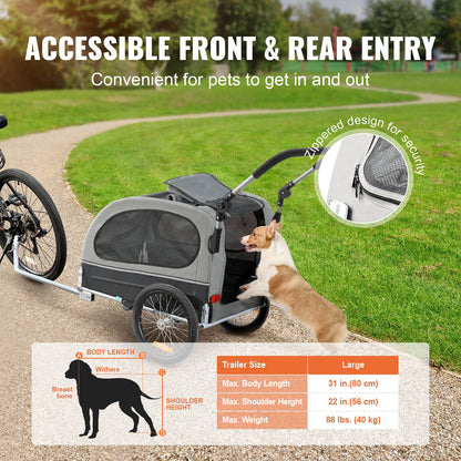 Cykelkärra för hund, stöder upp till 36 kg, 2-i-1 cykelhållare för husdjur, lätt hopfällbar vagnsram med snabbkopplingshjul, universal cykelfäste, reflexer, flagga, svart/grå