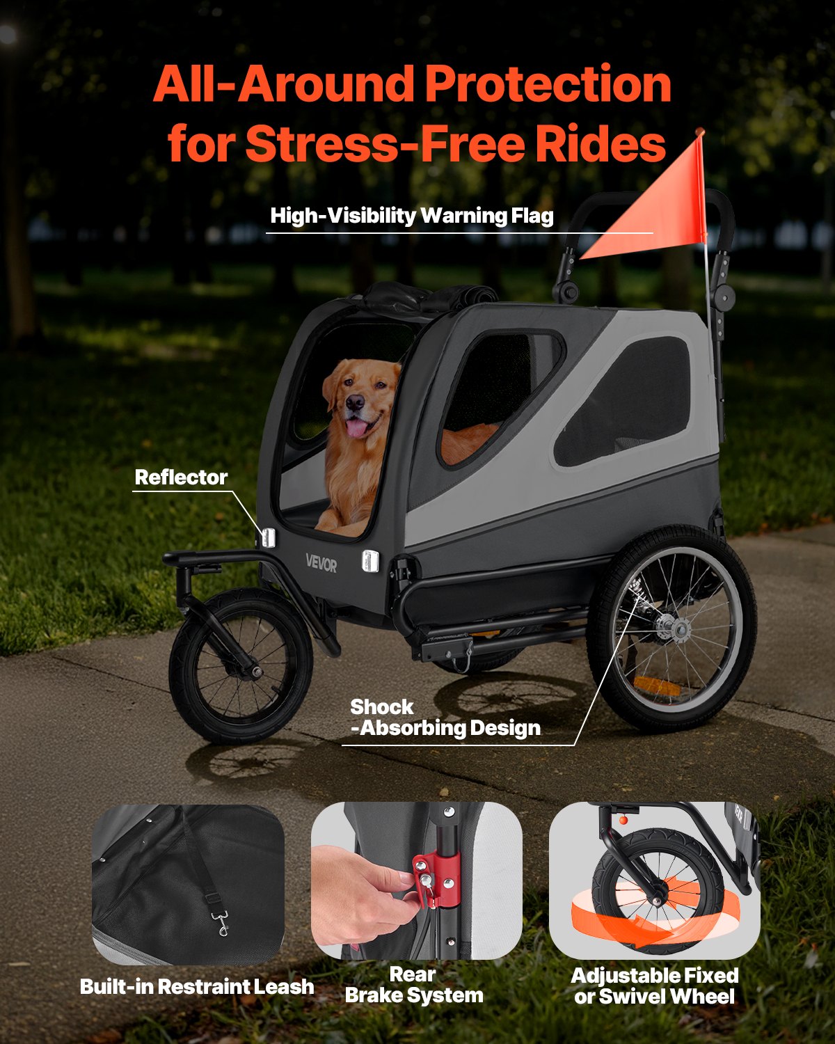 Dog Bike Trailer, Supports up to 45 kg, 2-in-1 Pet Stroller Cart Bicycle Carrier for Small & Large Dogs, Easy Folding Frame with Quick Release Wheel, Universal Bicycle Coupler, Internal Leash