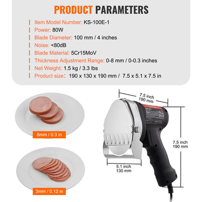 Elektrisk shawarmakniv, 80W professionell turkisk kebabkniv, kommersiell gyroskärare i rostfritt stål, dönerkebabköttskärare med 2 blad, Φ4"/100 mm bladdiameter, 0-8 mm justerbar tjocklek