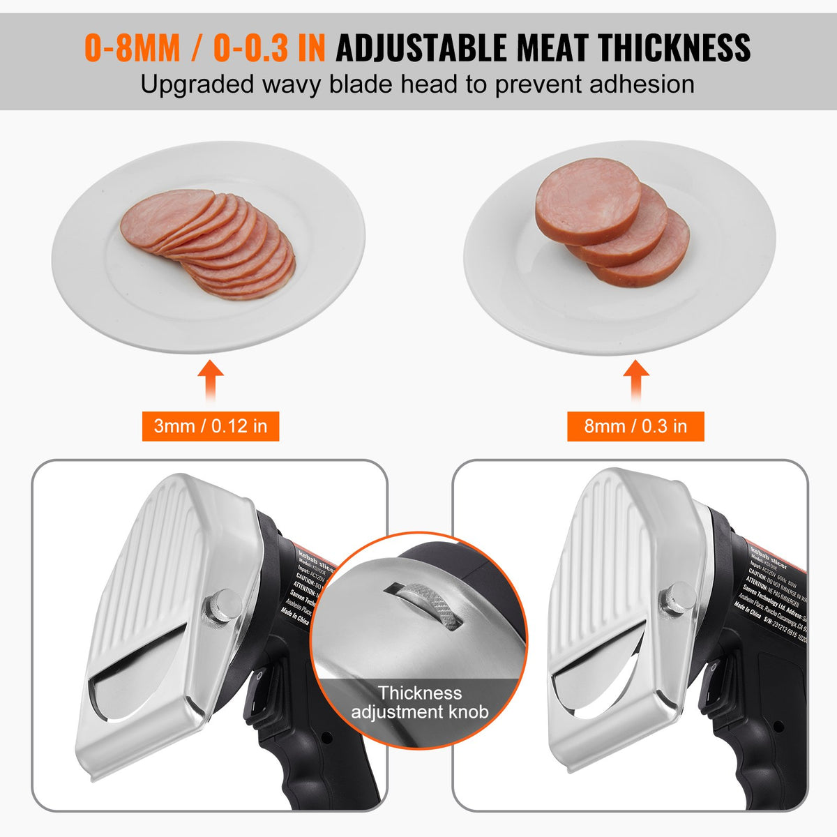 Elektrisk shawarmakniv, 80W professionell turkisk kebabkniv, kommersiell gyroskärare i rostfritt stål, dönerkebabköttskärare med 2 blad, Φ4"/100 mm bladdiameter, 0-8 mm justerbar tjocklek