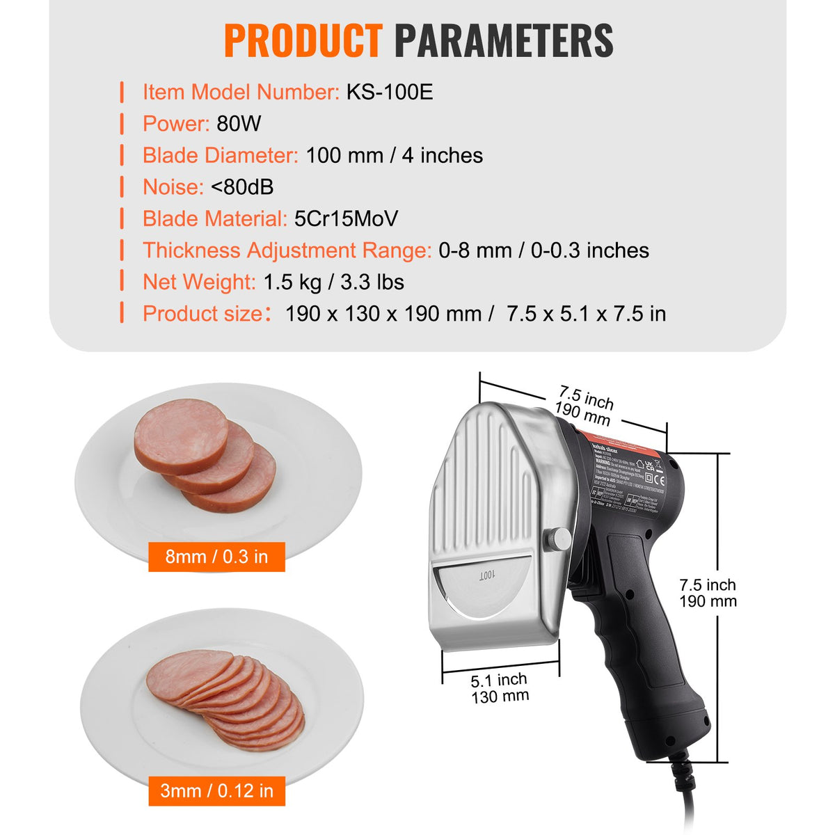 Elektrisk shawarmakniv, 80W professionell turkisk kebabkniv, kommersiell gyroskärare i rostfritt stål, dönerkebabköttskärare med 2 blad, Φ4"/100 mm bladdiameter, 0-8 mm justerbar tjocklek