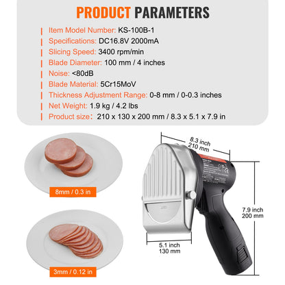Elektrisk Shawarma-kniv, 80W sladdlös batteridriven professionell turkisk kniv, kommersiell gyroskärare i rostfritt stål, dönerkebabköttskärare med 2 blad, Φ4"/100mm, 0-8mm justerbar tjocklek