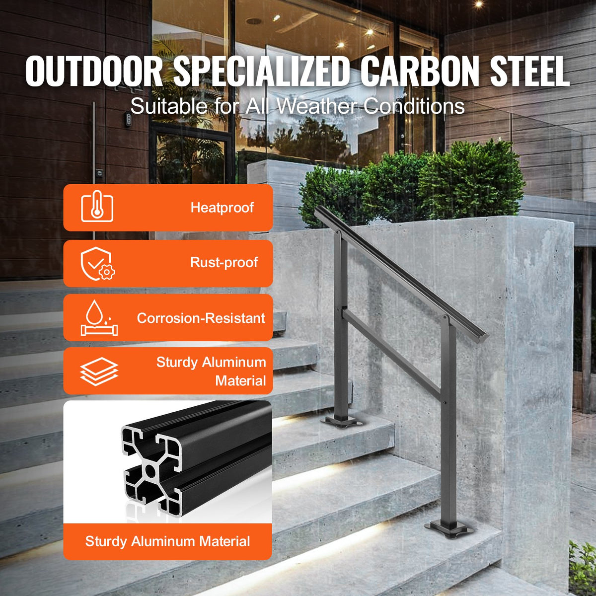 Outdoor Handrail 74.8 kg Load Handrail Outdoor Stairs Aluminum Stair Handrail 91.4x88.9 cm Outdoor Stair Railing Transitional Range from 0 to 50° Staircase Handrail Fits 2-3 Steps with Screw Kit
