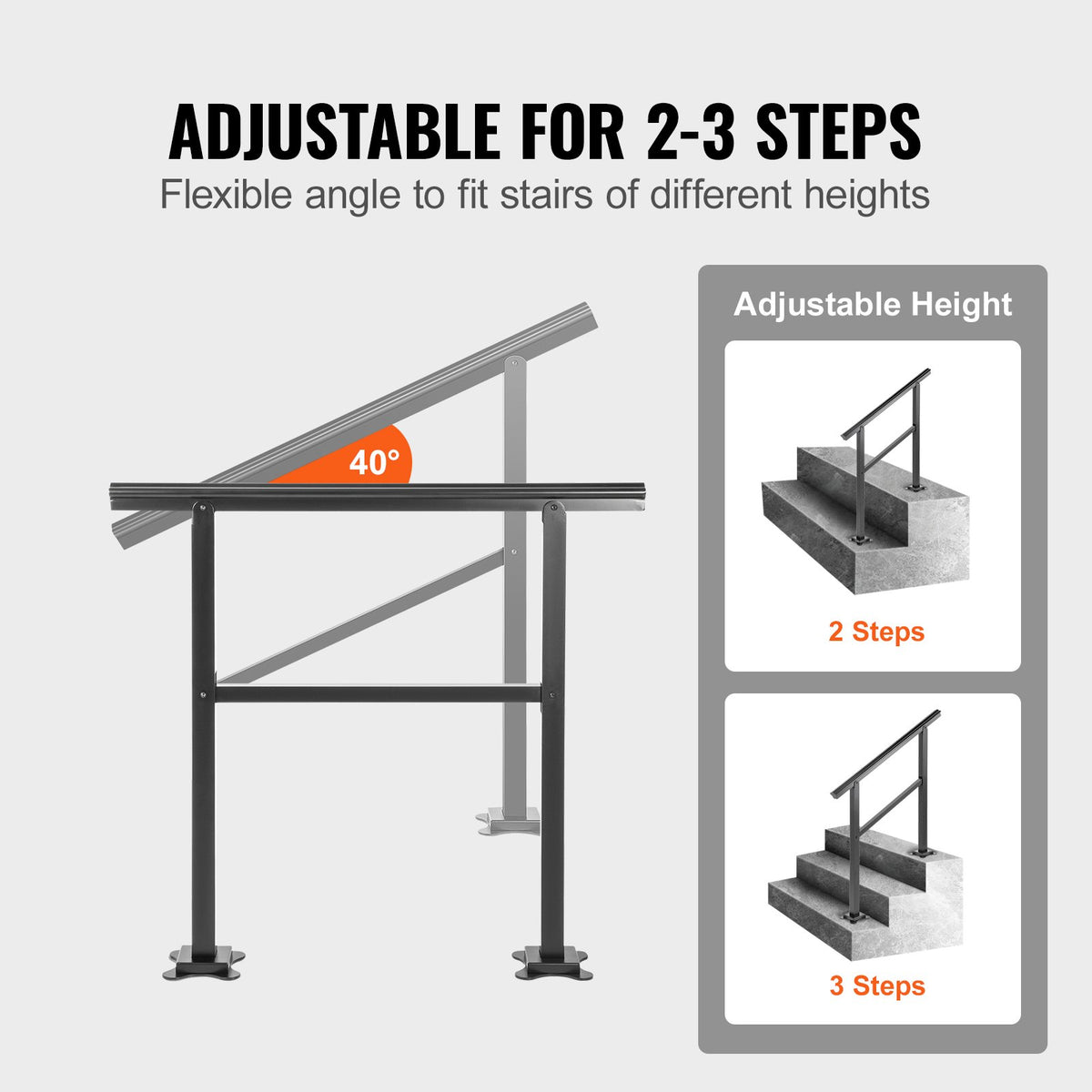 Outdoor Handrail 74.8 kg Load Handrail Outdoor Stairs Aluminum Stair Handrail 91.4x88.9 cm Outdoor Stair Railing Transitional Range from 0 to 50° Staircase Handrail Fits 2-3 Steps with Screw Kit