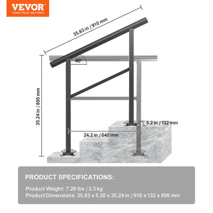 Outdoor Handrail 74.8 kg Load Handrail Outdoor Stairs Aluminum Stair Handrail 91.4x88.9 cm Outdoor Stair Railing Transitional Range from 0 to 50° Staircase Handrail Fits 2-3 Steps with Screw Kit