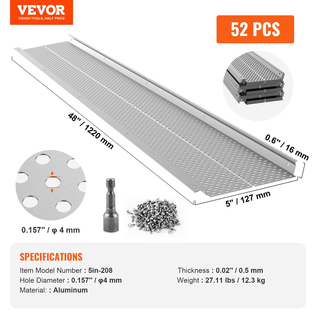 Gutter Guard, 127 mm Width, Aluminum Leaf Filter DIY Gutter Cover, 52 PCS 63.4 m Total Length, 4 mm Hole Diameter & 0.5 mm Thick Raptor Gutter Guards Fits Any Roof or Gutter Type